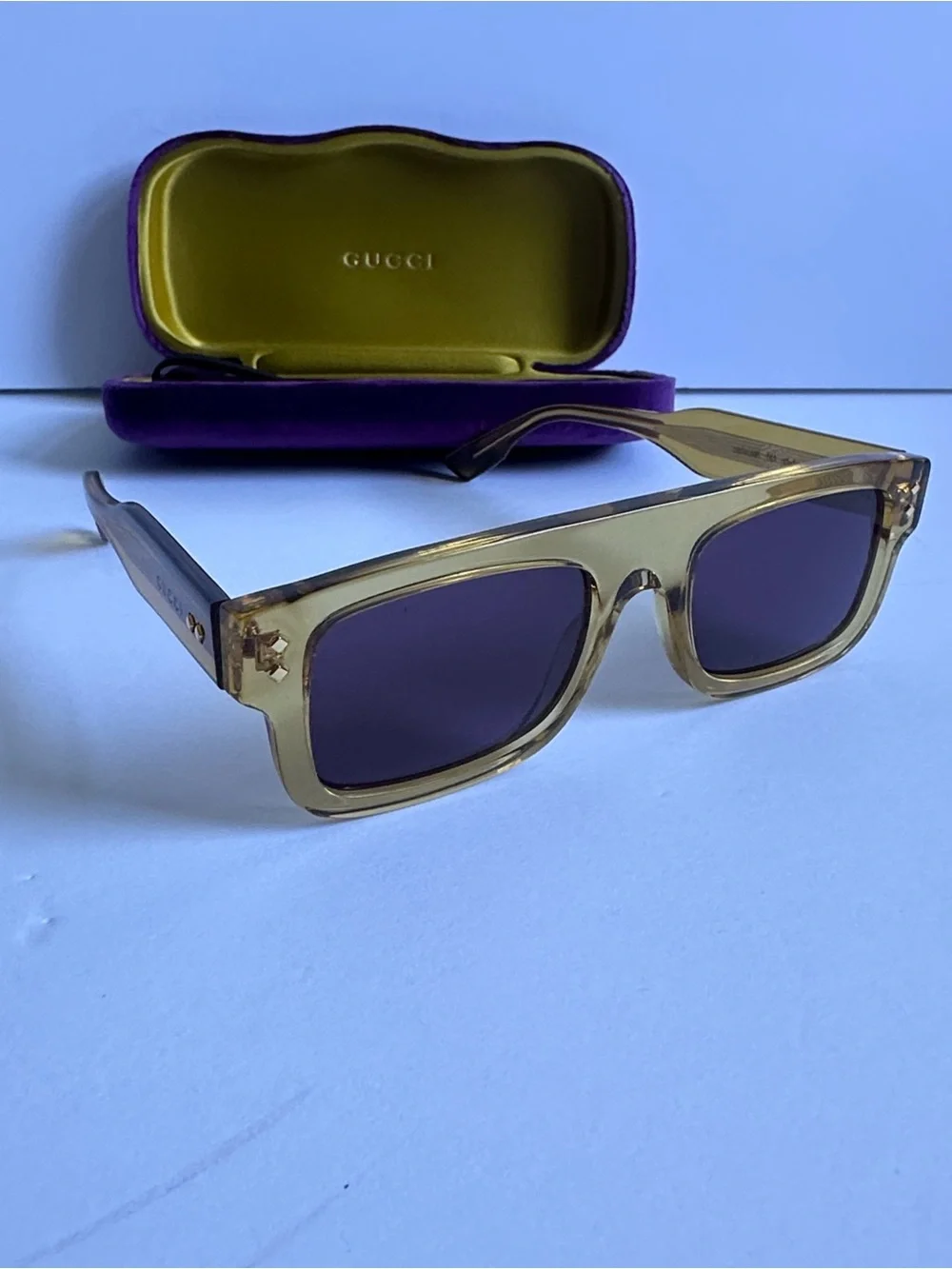 Gucci Men’s Transparent Brown Frame Sunglasses with Purple Lenses